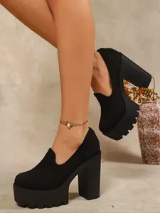 Women's Black Suede Chunky Platform Block Heel Loafers Slip-On Round Toe Fashion Pumps Retro Punk Style Party Clubbing Shoes Non-Slip Comfortable Formal Dress Footwear