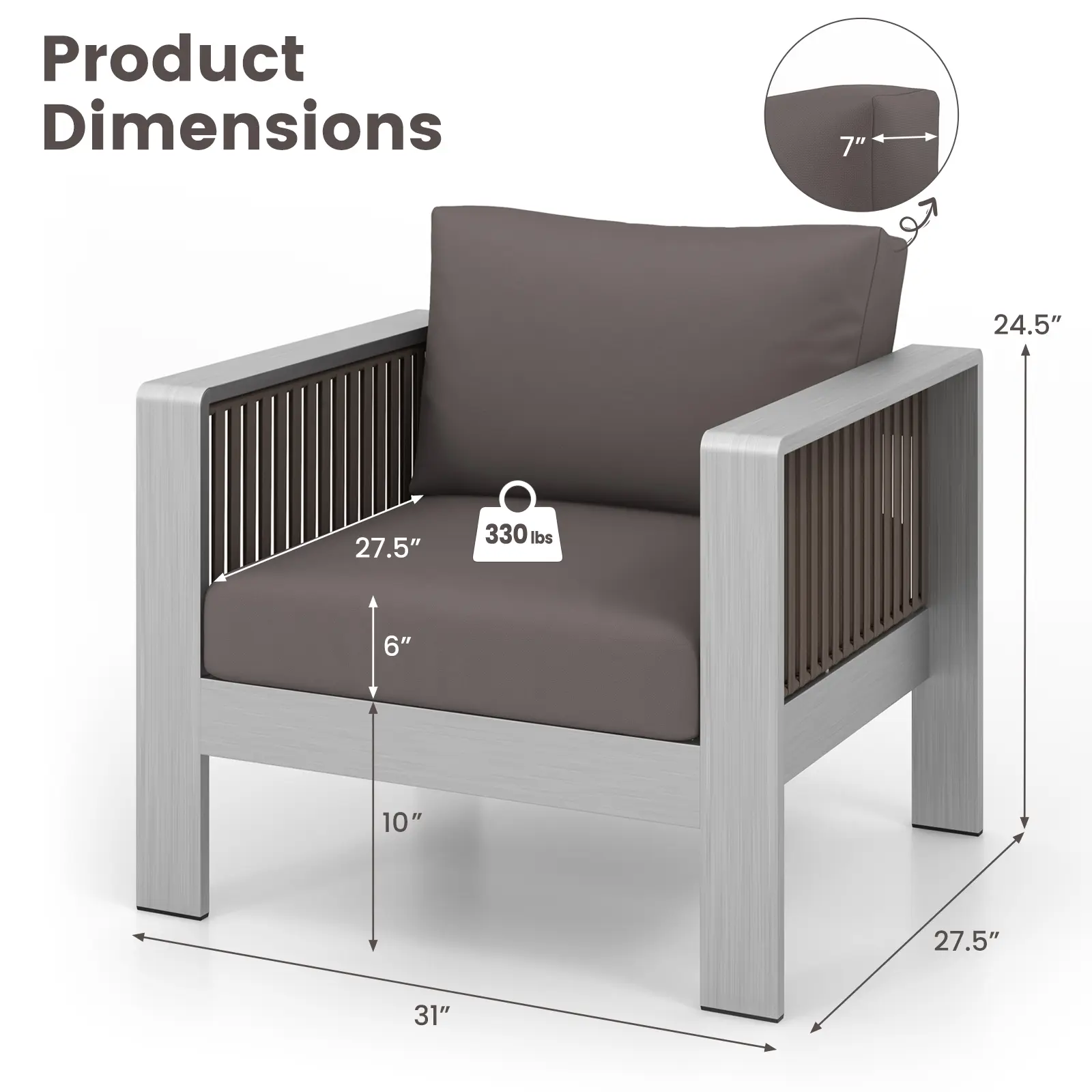 COSTWAY - Patio Furniture Aluminum Armchair with Thick Back and Seat Cushion