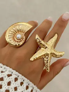 Vintage Fashion Starfish & Shell Design Ring, Fashion Jewelry for Party, Daily Clothing Decor, Trendy All-match & Exquisite Jewelry for Birthday Gift