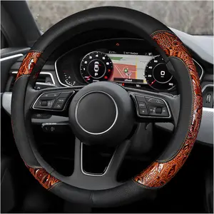 Leather Car Steering Wheel Cover, 15" Crocodile Pattern Anti Slip Car Wheel Wrap with Rose Grain, Four Seasons Universal Auto Steering Wheel Protector for Cars Trucks SUVs (Brown & Black)