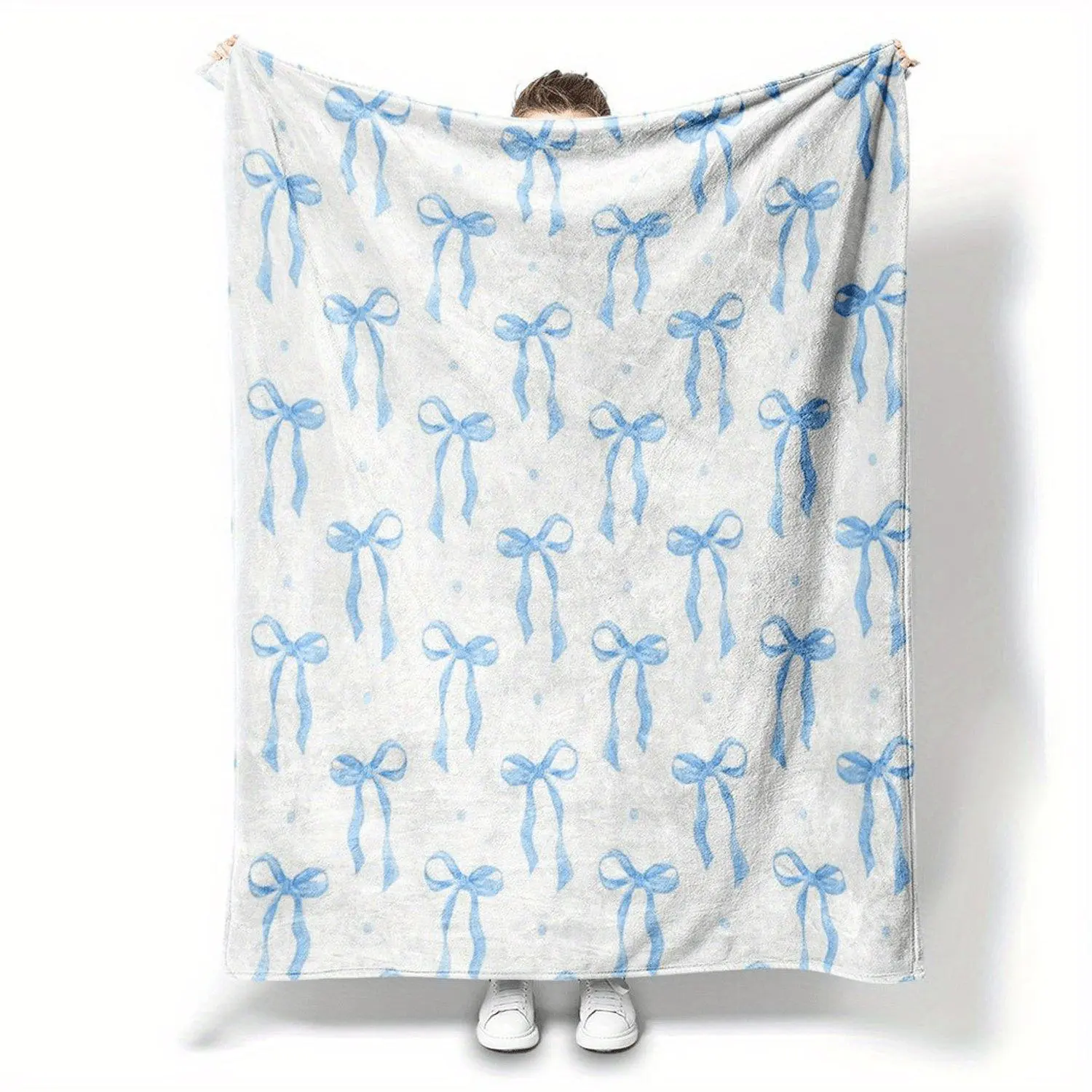 1 Plush Blanket with Blue Bow and Beige Ribbon-Style Bow - All-Season Soft Bed Cover, Sofa Throw, Car Travel Companion - Machine Washable Cozy Gift, Modern Bedding Accessory