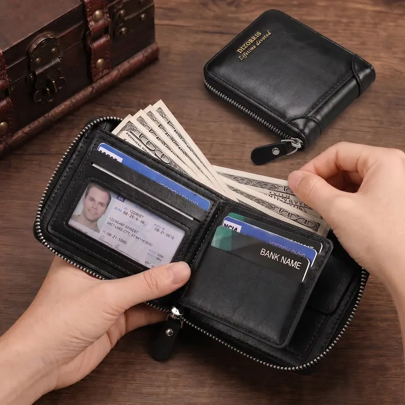 Men's Bifold Wallet - PU Leather, Retro Style Short Mens Wallet, Zipper Card Holder, Coin Storage Money Bag, Men's Accessories, Hand Wash