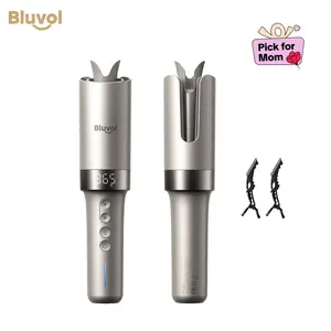 【MothersDayGift】Bluvol Cordless Automatic Portable Rotating Curling Wand for Beach Waves, Dual Voltage, Rechargeable & Travel-Friendly, Safe Tangle-Free Curler, Gift