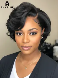 Anytime Wigs Short Cut Loose Wave Hair 4x4 Lace Front Bob Wigs, Lace Human Hair, Pre-Plucked for Women, Natural Look, Easy Wear, Perfect for Daily Use