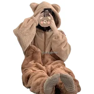 Unisex adult jumpsuit women's flannel cosplay animal bear jumpsuit Halloween costume winter warm soft sleepwear home wear