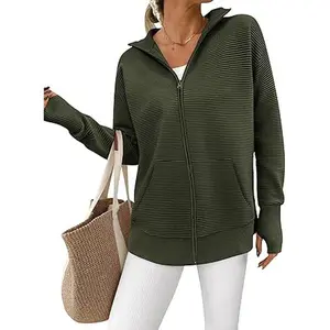 PrettyGarden Womens Fall Long Sleeve Zip Up Cardigan Sweaters [With Pockets] Casual Loose Collared Ribbed Knit Tops Jackets Thumb Hole