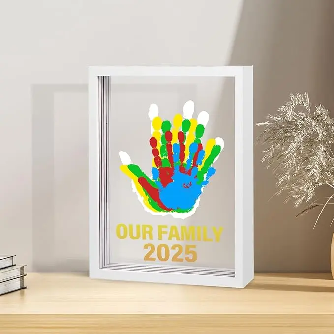 DIY art handprint frame, complete with paint and acrylic panels, creative picture frame for home decor, especially meaningful to give to family and friends. Gift Photo