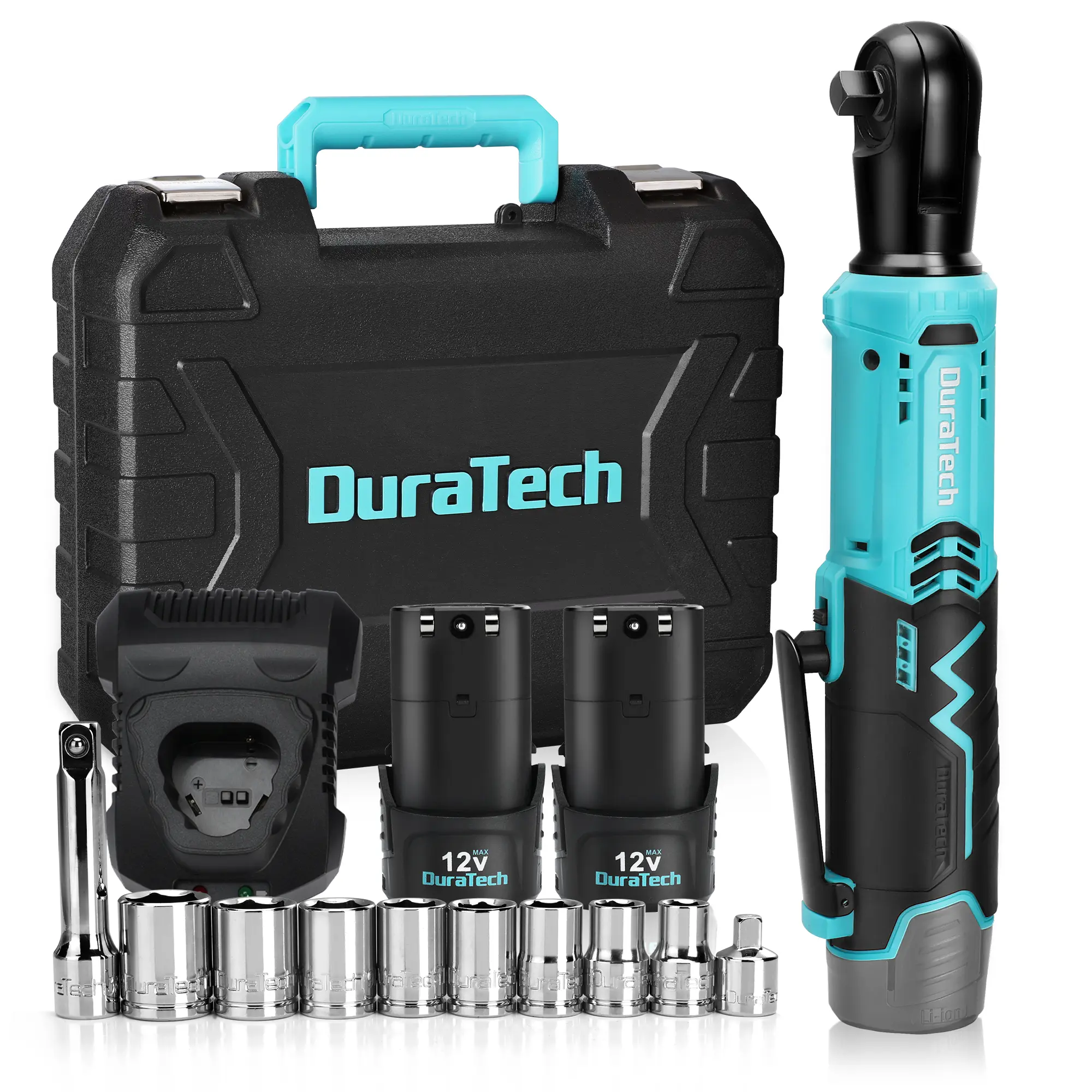 #backtoschool DURATECH Cordless Electric Ratchet Wrench Set, 48 Ft-lbs 3/8" 12V Power Ratchet Wrench with 2 COUNTS 2.0Ah Li-Ion Battery, 1 Hour Fast Charger, 8 COUNTS Sockets, Extension Bar, Adaptor, Variable Speed Trigger