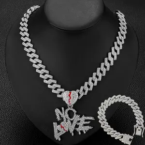 Mens Womens Hip Hop Loveless Pendant Necklace with 8 Inch Cuban Bracelet Set, 14mm Cuban Chain Hip Hop Necklace Fashion Jewelry, Party Birthday Holiday Gift