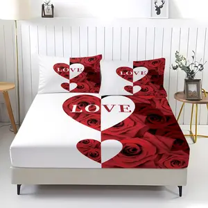 Rose heart patchwork pattern bed sheet, comfortable printed pattern, including 1 bed sheet and 2 pillowcases, comfortable bedding, anti slip dust cover suitable for bedrooms and guest rooms, suitable for children and adults as gifts