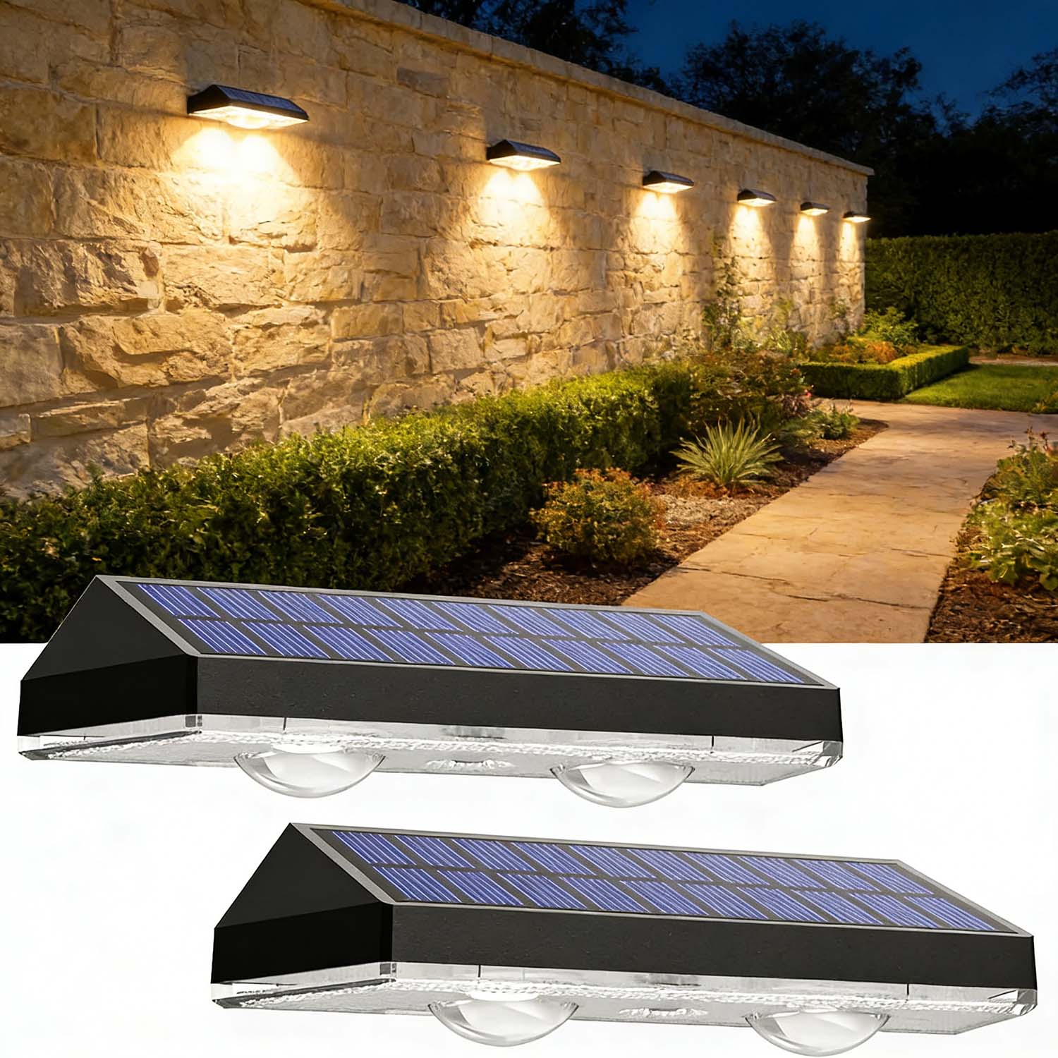 Solar Fence Lights 2 Pack, 3 Lighting Modes Warm White/Daylight White/Cool White Solar Outdoor Lights, Waterproof Deck Lights for Fences, Stair Railings, Pool Side, Walls and Patio