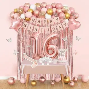 Sweet 16 Party Decorations, 16th Birthday Decorations for Girls Rose Gold Pink Foil Number Balloons Table Cloth Crown Sash Fringe Curtains Happy Birthday Banner Birthday Party decor