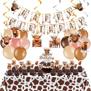Highland Cow Birthday Party Decorations Cute Boho Cow Party Supplies with Retro Floral Birthday Banner Hanging Swirls Cattle Cake Toppers Balloons Tablecloth for Girls Boys