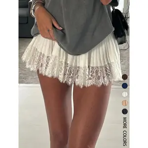 2026 Y2k Lace Mini Skirt Women Low Rise Pleated Ruffle Tiered Half Slip Elastic Waist Flowy Mesh Sexy Short Underskirt