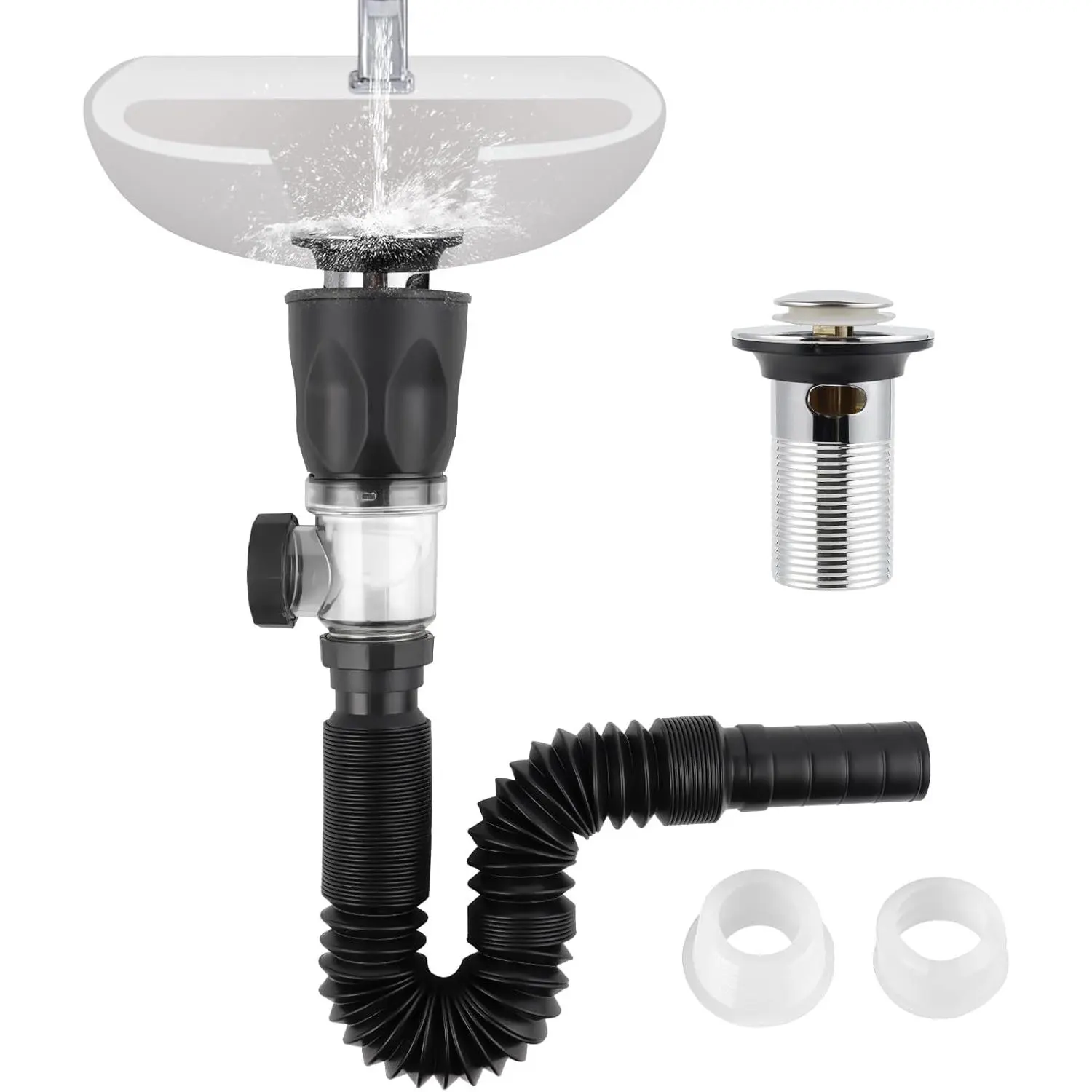 iFealClear Bathroom Sink Drain Kit, Flexible P-Trap Drain Pipe with Pop Up Stopper, Expandable Bathroom Sink Pipe Replacement with 2 Adapters, Fits 1-1/4'', 1-1/2'', 2" Holes, Hair Catcher, Chrome, Anti-Clog, Polypropylene
