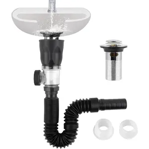 iFealClear Bathroom Sink Drain Kit, Flexible P-Trap Drain Pipe with Pop Up Stopper, Expandable Bathroom Sink Pipe Replacement with 2 Adapters, Fits 1-1/4'', 1-1/2'', 2" Holes, Hair Catcher, Chrome