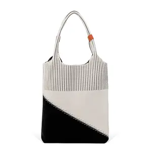 ALVOR Stylish Color-Blocking Knitted Tote Bag Lightweight Durable Woven Shoulder Bag with One-Piece Strap Design Tear-Resistant Large Capacity Handbag for Women