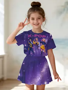 Girls' Summer Casual Set, Cartoon 3D Print, Fashion Round Neck Short Sleeve Top + Skirt, Comfortable Summer for Kids