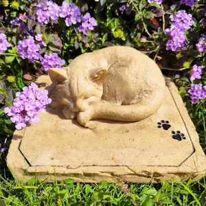 Catw Memorial Garden Stones, Grave Statues, Personalized Cat Pet Memorial Stones, Cemetery Markers with a Sleeping Cat on them