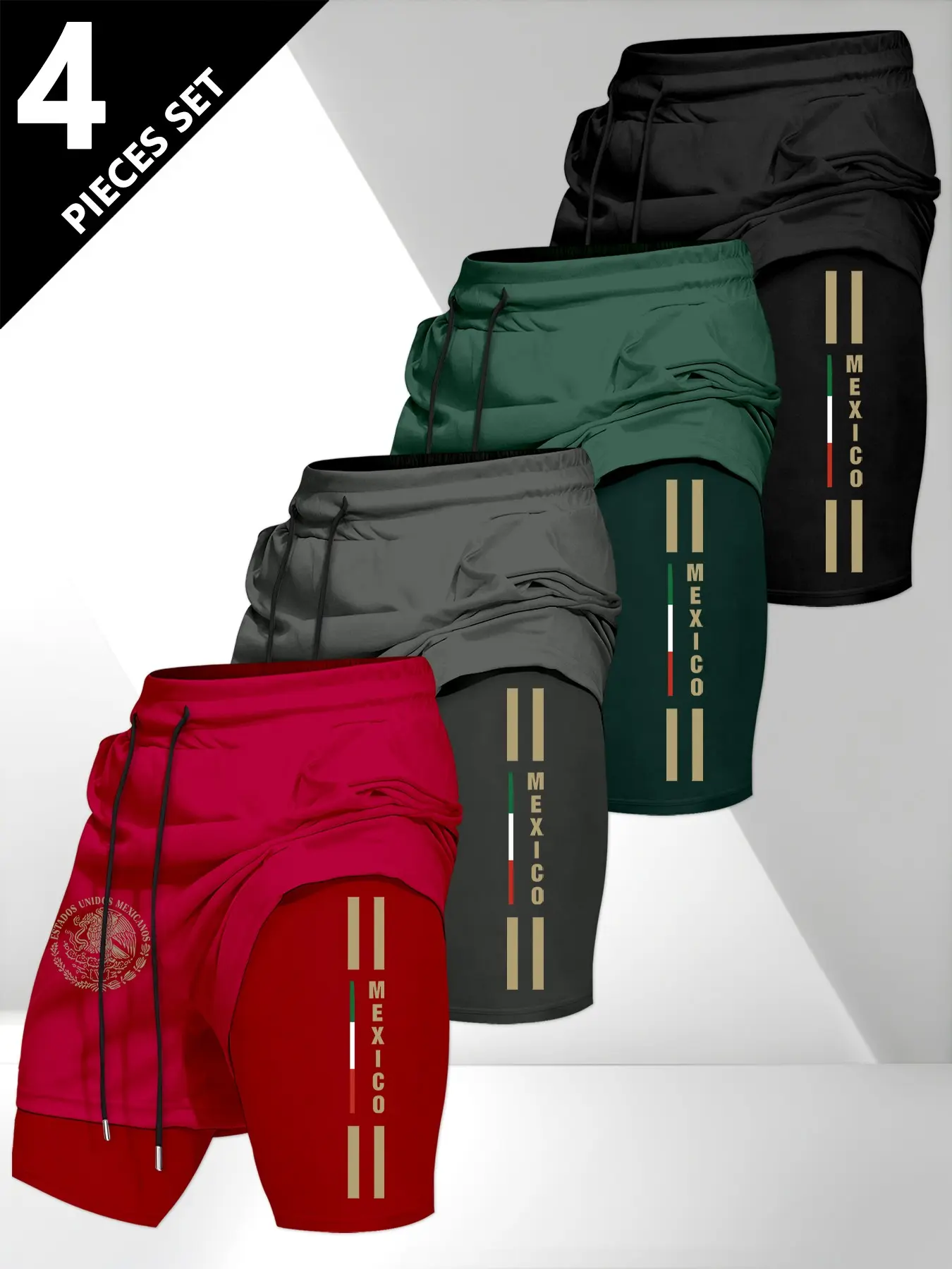 4-Pack Men's Mexican Theme Fake Two-Piece Drawstring Pocket Shorts, Breathable Lightweight Outdoor Sports Shorts, Athletic Wear Shorts, Outdoor Gym Shorts