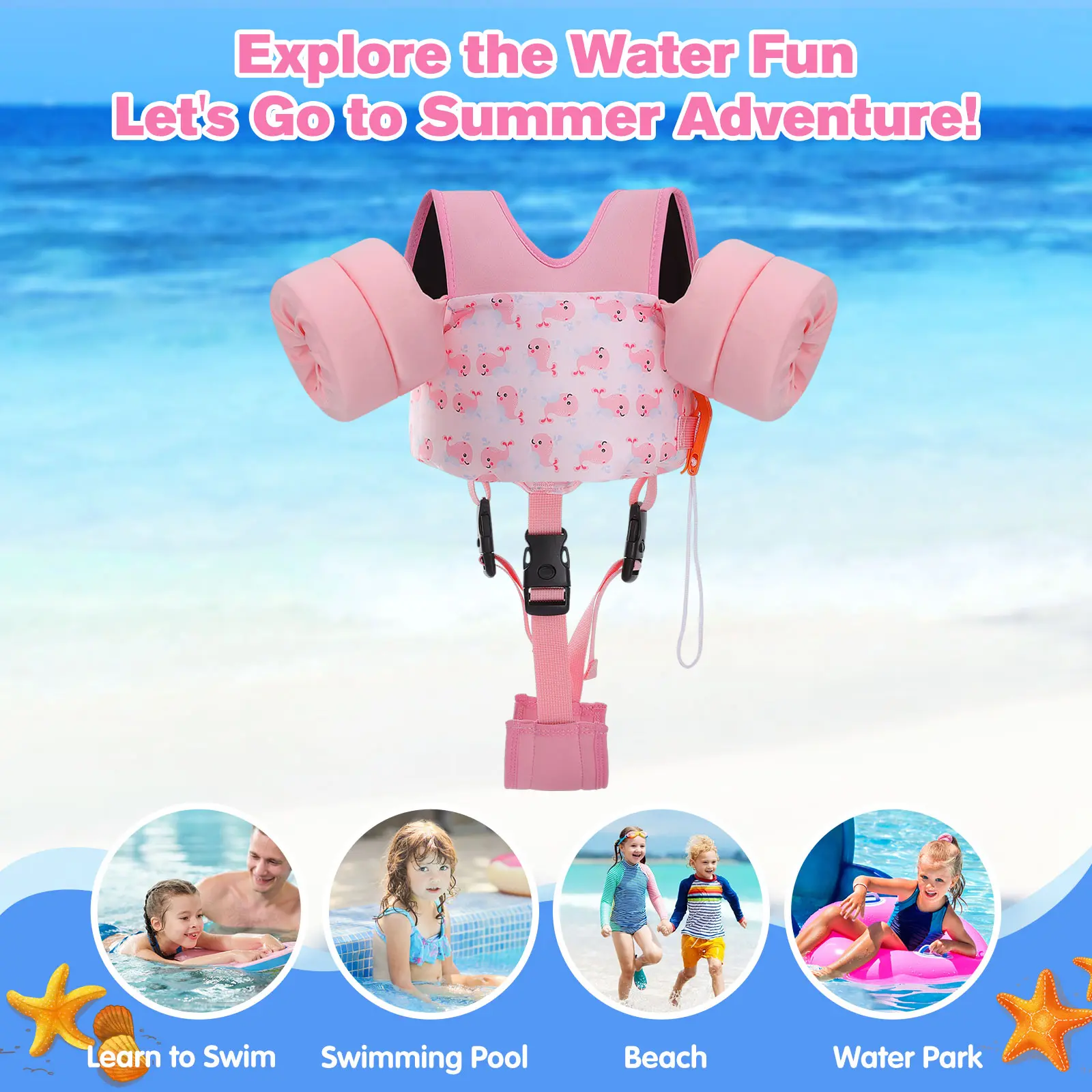 MoKo Toddler Swim Vest for Kids, Swim Arm Floaties 13-30lbs Cartoon Swimming Water Wings Pool Float Vests Sleeves Shoulder Straps Arm Band for Children Learn to Swim
