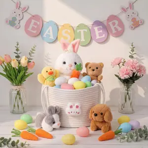 18 Pcs Easter Bunny Gift Basket Toys Easter Basket Plush Stuffers Bunny Eggs Plush Animal Toy for Favor Decoration