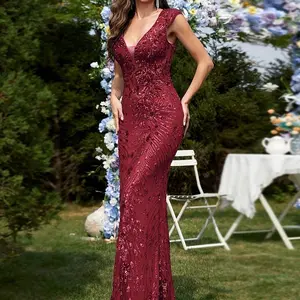 Beautiful women’s clothing Sleeveless V-Neck Sequined Long Dress for Women, Fashionable Solid Color Fishtail Party Dress