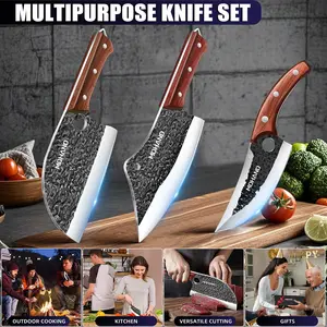MDHAND Serbian Chef Knife Set 4PCS, Hand-Forged Kitchen Knife Set with Cleaver, Boning Knife, Viking Knives, Sheaths and Gift Box