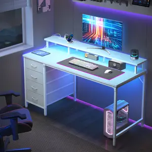 Computer Desk with Power Outlets and LED Lights, Gaming Desk with 4 Drawers, Office Desk with Monitor Stand, Study Work Home Office, Small Spaces, Black