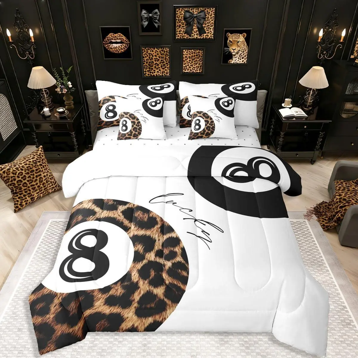 Trendy Leopard Print Comforter Set 7 Piece Bed in A Bag Cheetah Bedding Sets,Lucky 8 Ball Comforter and Sheets,Funky Y2K Preppy Bed Set Fashion Room Decor Aesthetic