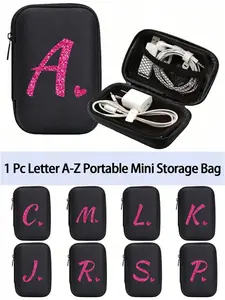 Rose red glossy heart-shaped pattern A-Z portable mini digital bag, initial name logo phone charger data cable storage bag, zipper storage box, wallet, data cable bag, suitable for storing data cables, wireless earphones, headphones.