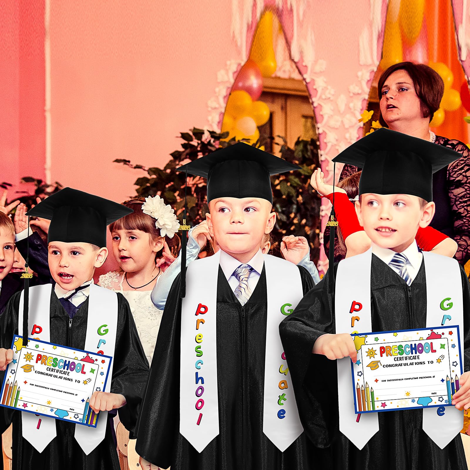 4 pcs Kindergarten Preschool Class Graduation Gown Set Cap Gown Stole with 2026 Tassel and Certificate for Toddler Kids Classmates or Friends Student Graduation School Supplies