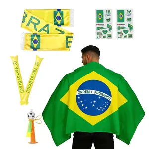 2026 Gear Fan Set, 7 Piece Brazil Flag Cape Costume - Includes Flag Cape, Soccer Scarf, Stickers, Horn, Thunder Sticks for Viewing Parties & Fan Gift