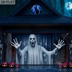 2D FLAT 1count Scary Halloween Female Ghost Garage Banner, 185x400cm Door Decorations Banner - Horror Long Hair Women Halloween Cover - Spooky Haunted House Supplies for Wall Decor 6x13ft, Hanging Banner Front Door Porch Yard Sign Wall Hanging Backdrop