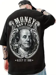 Big & Tall 100% Cotton T-Shirt with Benjamin Franklin $100 Bill Print - Currency Design Money Don't Lie Keep It 100 Graphic Tee, Plus Size Casual Streetwear Gift for Currency Fans (Machine Washable), PLUS SIZE