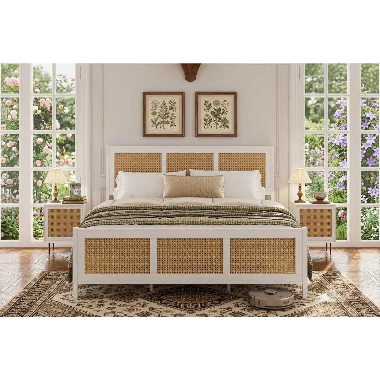 Boho Rattan Platform Bed with Headboard & Footboard, Strong Metal Slats for Noise-Free Support, No Box Spring Needed, Easy Assembly – Fits Full or King