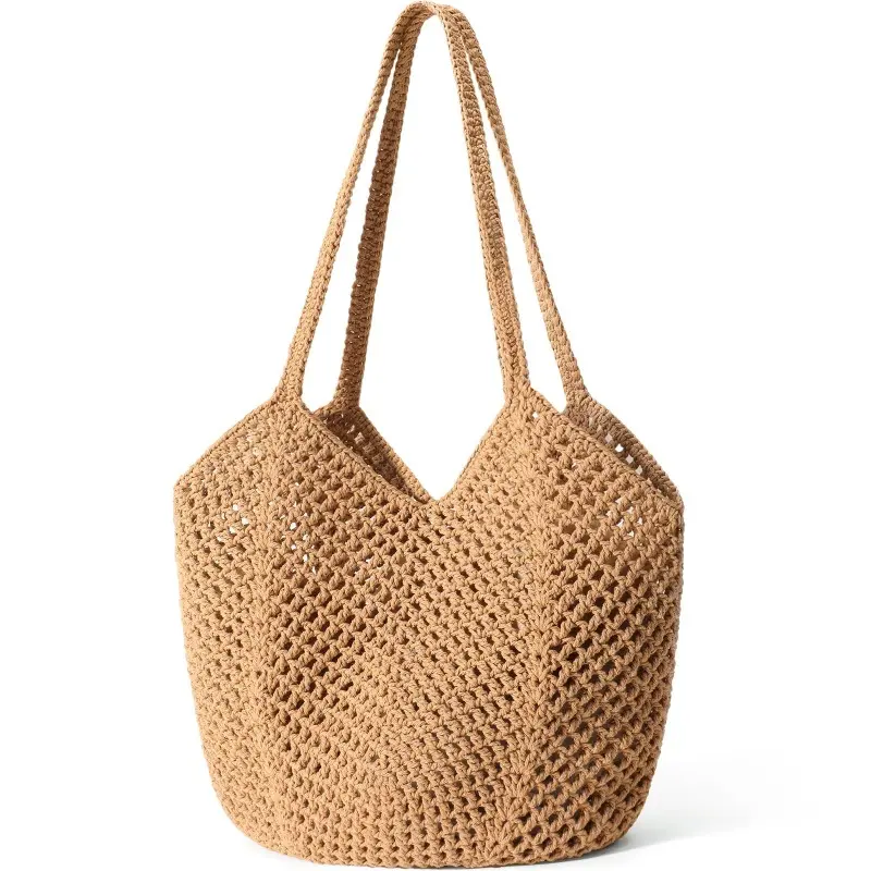 Women's Crocheted Beach Tote Bag — Mesh-Knit Beach Bag — Summer Vacation-Style Bohemian Hobo Shoulder Bag