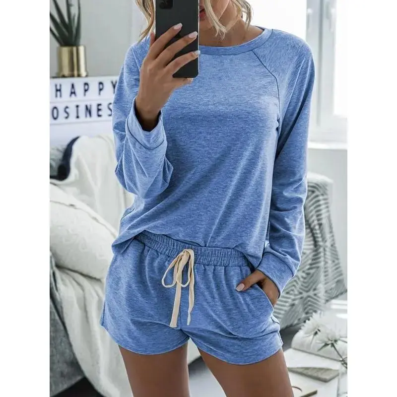 Women's 2 Piece Loungewear Pajama Set, Solid Raglan Sleeve Round Neck Tee & Elastic Waist Pocket Shorts with Decorative Tie, Casual Comfy Sleepwear Lounge Set for Spring & Fall Womenswear Homewear
