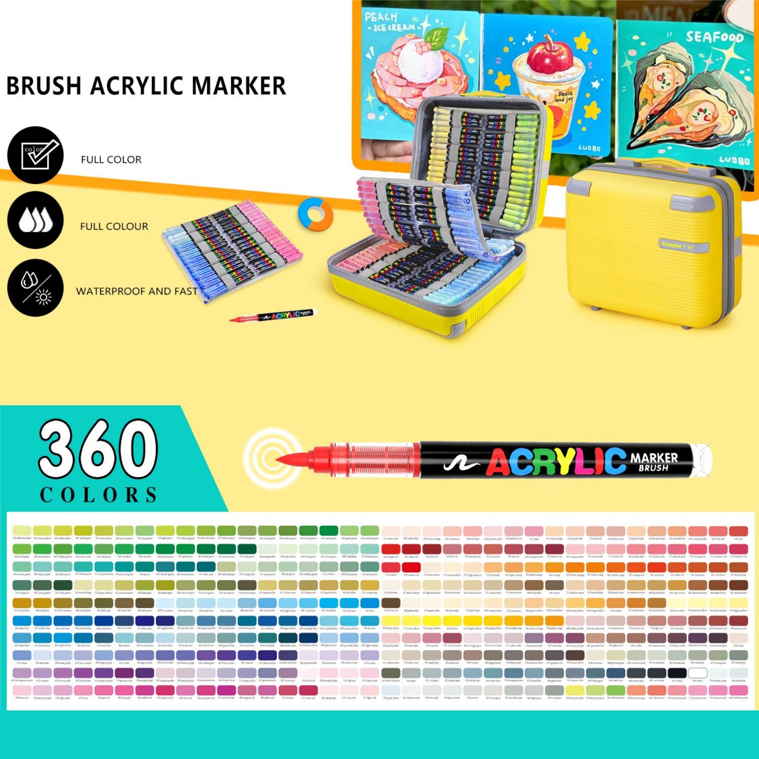 360 Color Acrylic Paint Markers,Detachable suitcase,Brush Tip , Acrylic Paint Pens with Direct-Liquid Ink System, Paint Markers for Rock Painting, Fabric, Wood, Canvas, Plastic, Permanent,Washable,Quick-Drying,Waterproof