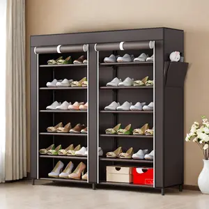 Shoe Rack Storage Organizer 6 Tier 24-36 Pairs Portable Metal Dust Cover Non Woven with Side Pocket Shoe Shelf Cabinet for Entryway Bedroom Closet, Coffee