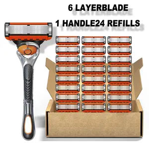 Men's Razor Blade Replacement 24pcs Sharp Handheld Razor Blade 1 Count Handle for Daily Use Head Shaver Kit with Six Layer Blade Comfort Smoothness sharp handheld razor blade