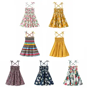 Little Girl’s Lace-Up Suspender Dress Fashion Stripe/Floral Pleated High Waist A-line Princess Dress