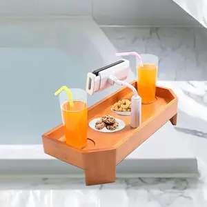 Bamboo bathtub tray gift, removable lazy phone holder, simple installation, non-slip bathtub rim beverage holder for hot tub, essential hot tub accessories for adults, relaxing spa tray