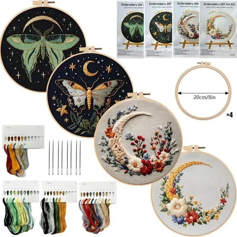 Beginner-Friendly Elegant Butterfly Moon Embroidery Hoop Kit for DIY Bag Accessories - Cotton Fabric, Threads, Needles, Cloth, Instruction Manual, Thread Stretch, DIY Sewing, Handmade Craft, Crafting Fun, TikTokshopspringglowup, Summervibes, Summerwins