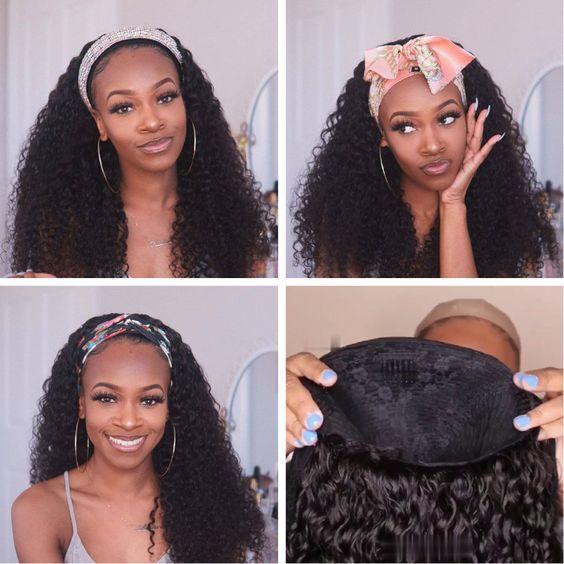Bling Hair Full Machine Made Kinky Curly Headband Wigs Human Hair Wig Glueless Headband Deep Wave Wig For Black Women 180 Density
