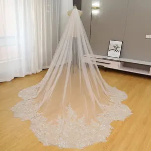 Shiny Beads Sequin Floral Lace Regular Tulle Wedding Veil, Cathedral Length One Tier