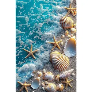 1PC 5D diamond painting 2D flat printing Diamond Painting Beach Scene Kit with Starfish Seashells 5D DIY Rhinestone Embroidery for Home Wall Decor Arts Crafts Gift for Adults Kids 30x40cm