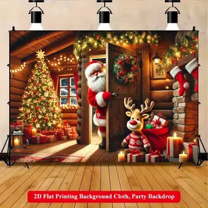 2D Flat Printing Backdrop Banner 1pc, Magical Santa And Reindeer Scene Vibrant Polyester Background Cloth for Family Party, Wedding, Birthday, Christmas, Thanksgiving, Fall, Entryway, Room Decorations, Easy to Set Up, Reusable