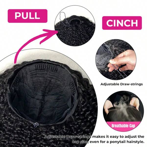Kinky Curly Half Wig Human Hair 20 Inch 180% Density Invisible Hairline 3 In 1 Drawstring Seamless Flip Over Glueless Wigs Curly Half Wigs For Women