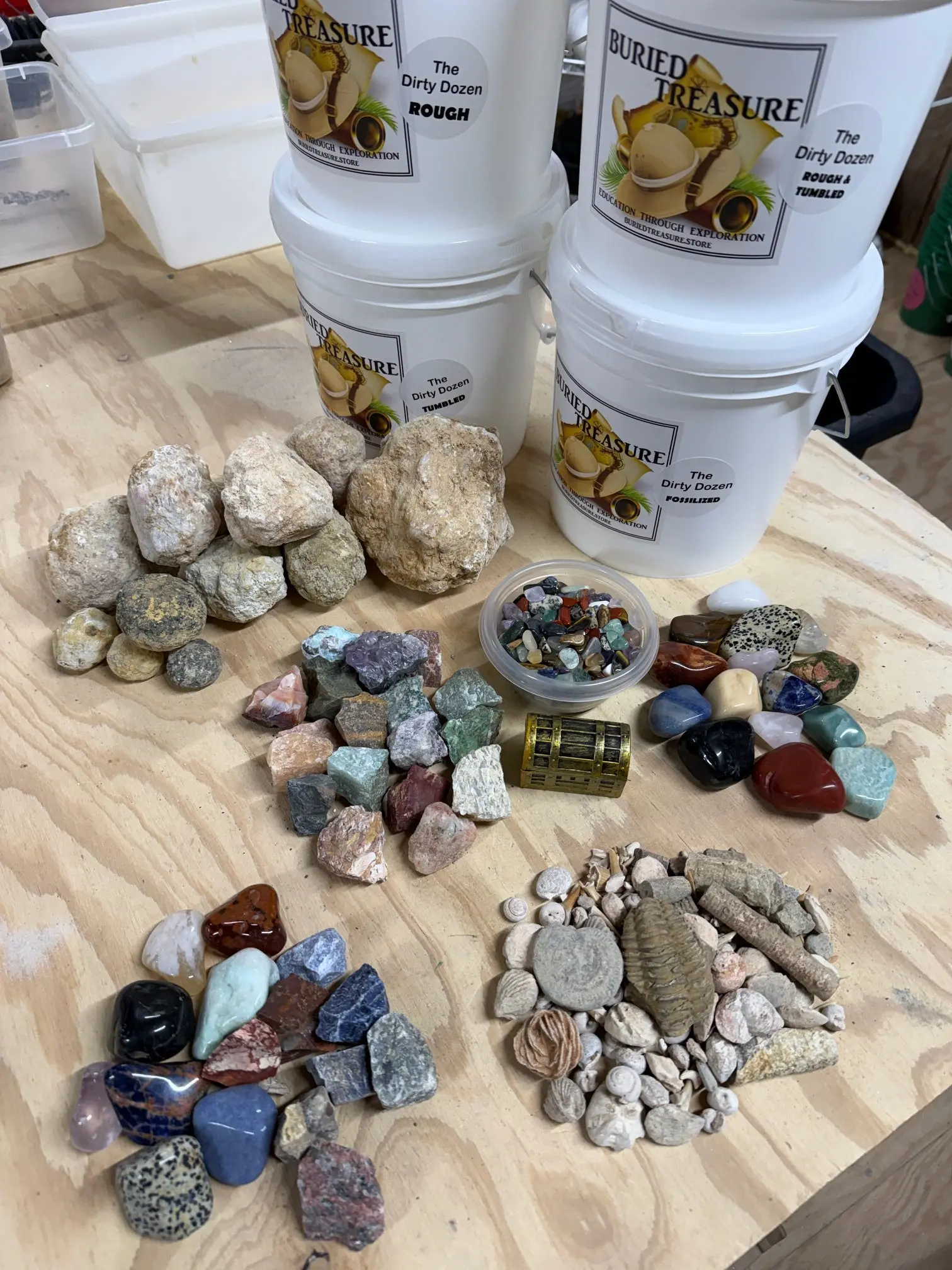DIRTY DOZEN GEODE MINING BUCKET PLUS NATURAL CRYSTAL RAW STONES, TUMBLED STONES, RAW AND TUMBLED OR FOSSILS